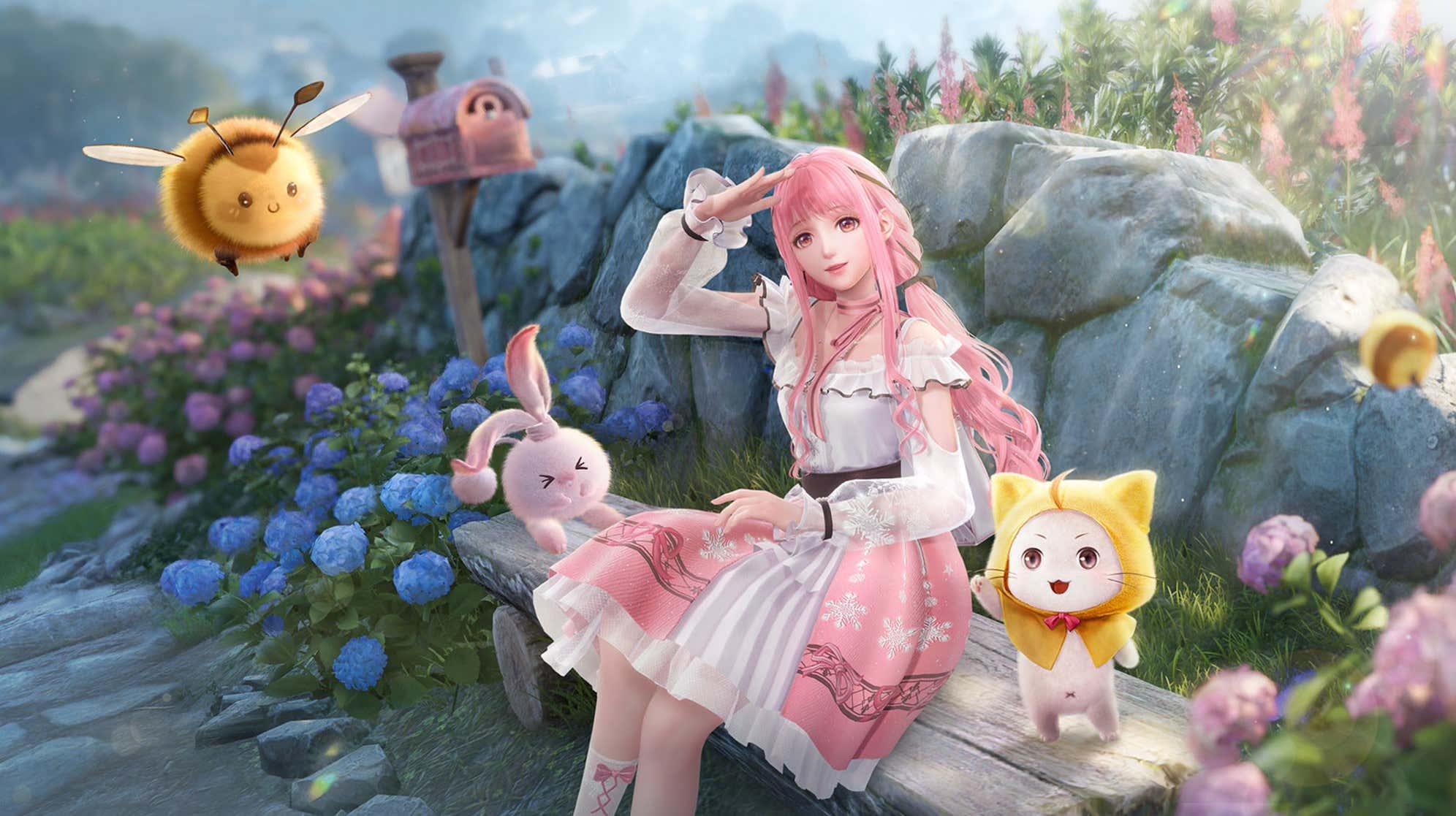 In a fantasy world, a girl sits next to cute animals.